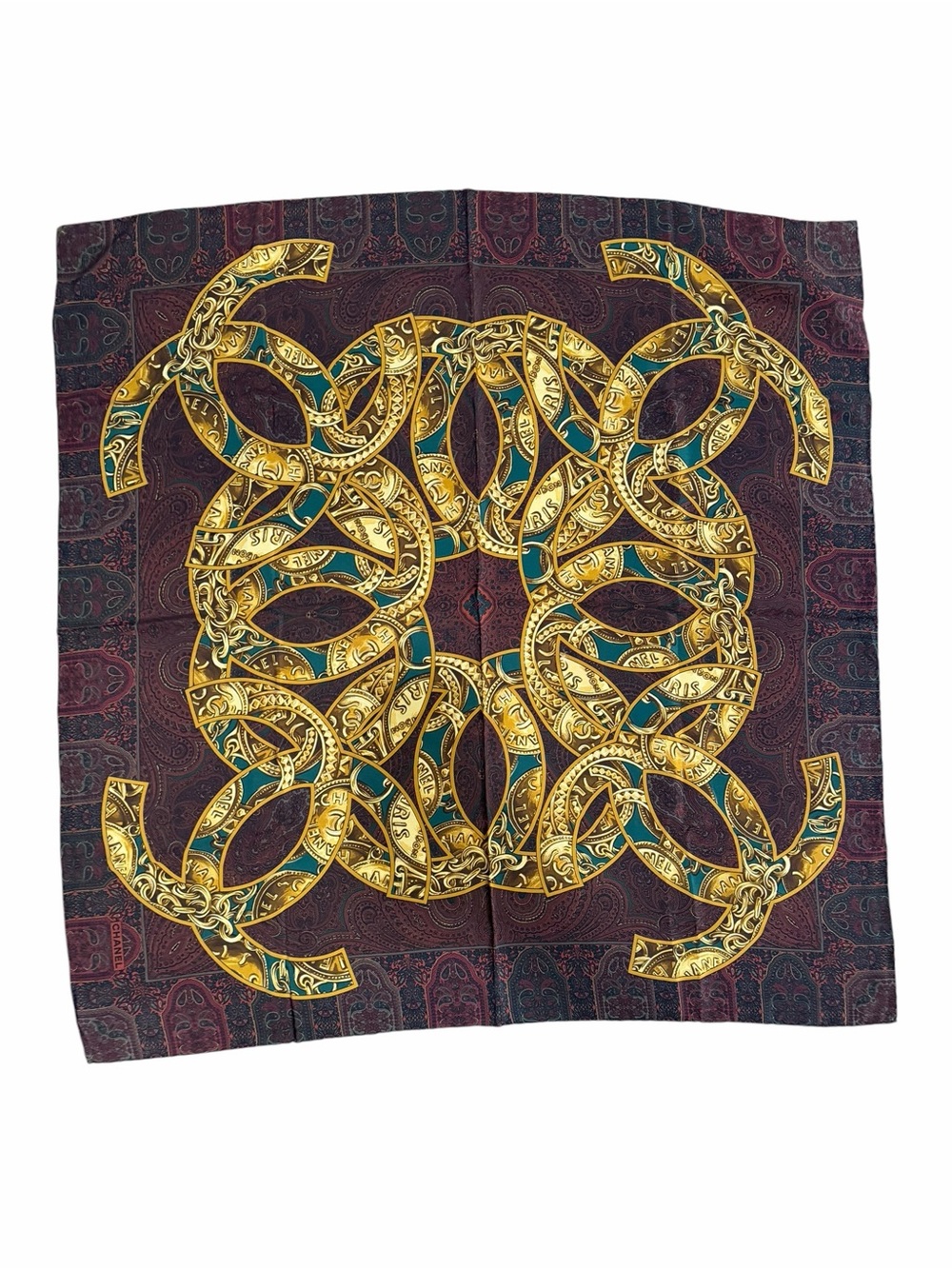 CHANEL Silk Paisley Scarf in Burgundy, Teal and Gold Accent